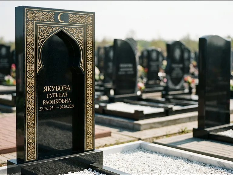 Мусульманский памятник: стела в форме михраба с глубокой нишей и золочёным орнаментом — детализированная гравировка мечети Кул-Шариф, участок с белой мраморной крошкой, работа «Мустафин» в Ханты-Мансийске