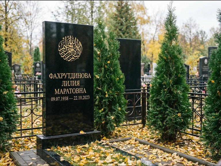 Мусульманский памятник — шахада в верхней части стелы, работа «Фахрутдинова» в Ханты-Мансийске