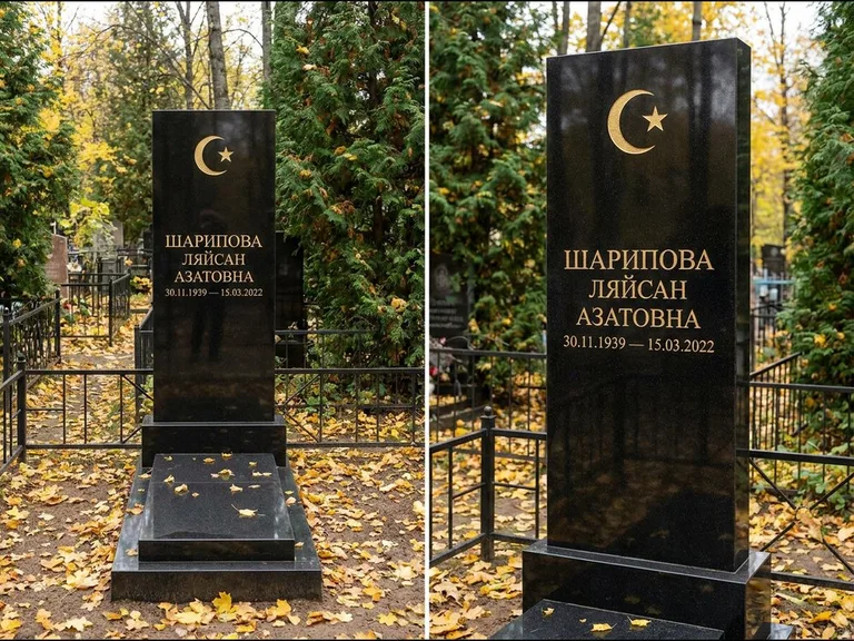 Памятник с гравировкой полумесяца — золочёная гравировка полумесяца со звездой в верхней части с, работа «Шарипова» в Ханты-Мансийске