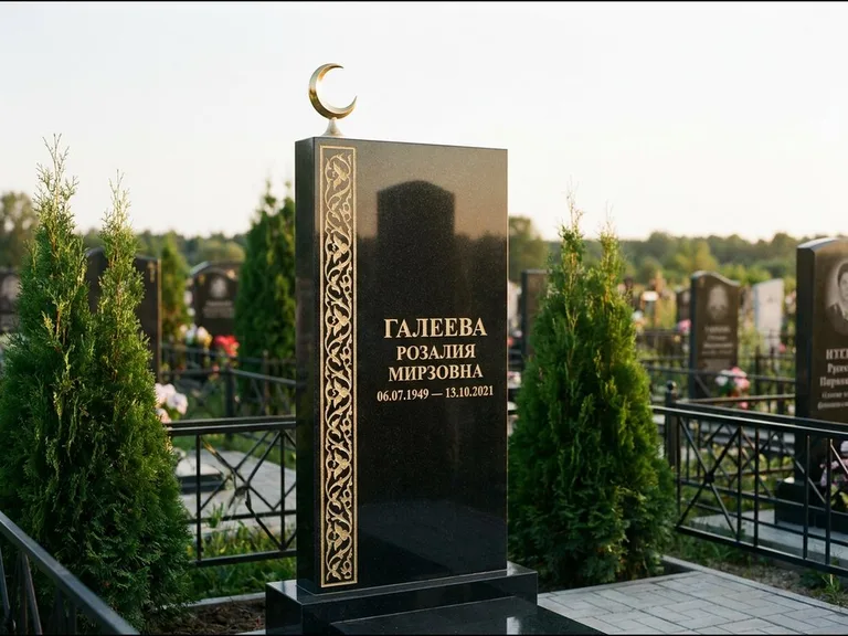 Памятник с гравировкой полумесяца — золочёный полумесяц и колонна растительного орнамента-ислими, работа «Галеева» в Ханты-Мансийске
