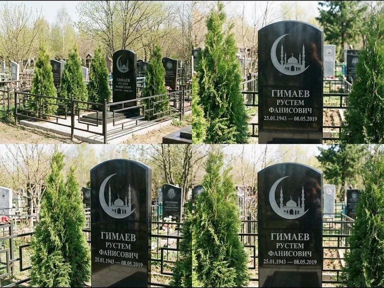 Памятник с гравировкой полумесяца — гравировка полумесяца над силуэтом мечети, работа «Гимаев» в Ханты-Мансийске