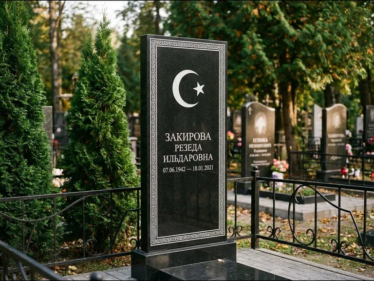 Памятник с гравировкой полумесяца — строгая белая гравировка полумесяца со звездой и орнаменталь, работа «Закирова» в Ханты-Мансийске
