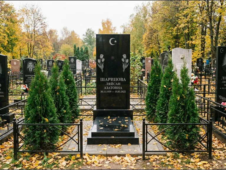 Памятник с гравировкой полумесяца — гравировка полумесяца со звездой и тюльпанами по бокам, работа «Шарипова» в Ханты-Мансийске