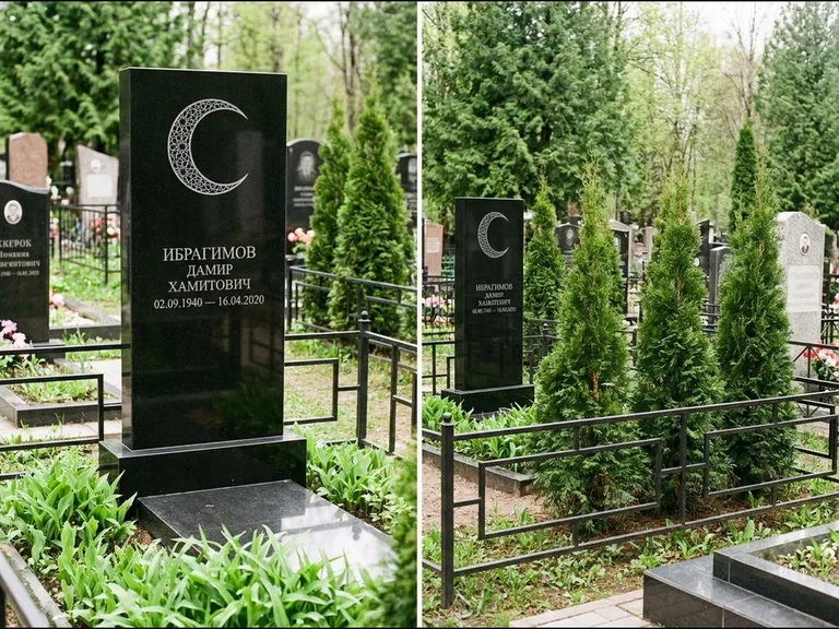 Памятник с гравировкой полумесяца — гравировка полумесяца в геометрическом орнаменте-гирихе, работа «Ибрагимов» в Ханты-Мансийске