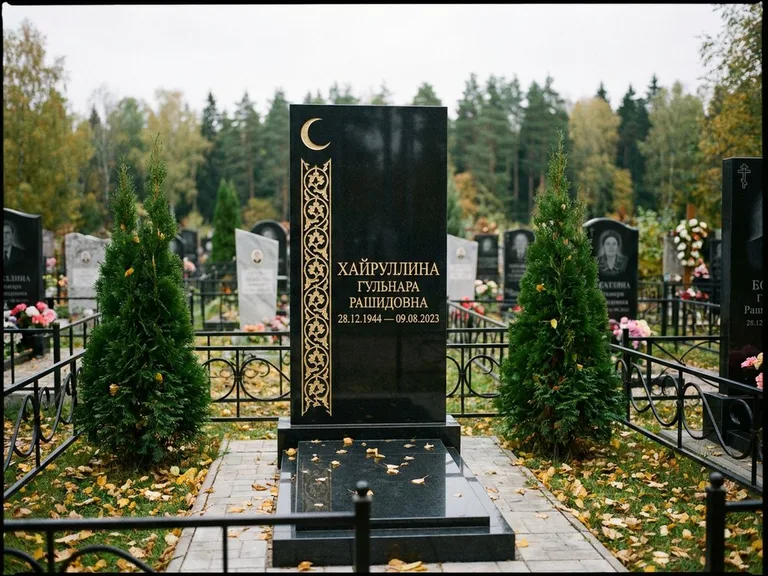 Памятник с гравировкой полумесяца — золочёный полумесяц и колонна растительного орнамента-ислими, работа «Хайруллина» в Ханты-Мансийске