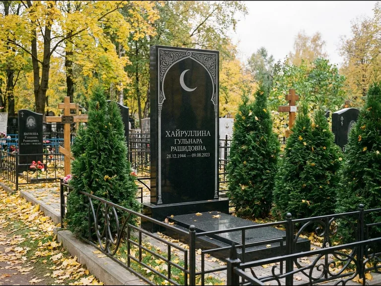 Памятник с гравировкой полумесяца — гравировка полумесяца в восточной арке с орнаментом, работа «Хайруллина» в Ханты-Мансийске