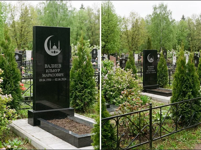 Памятник с гравировкой полумесяца — гравировка полумесяца над силуэтом мечети, работа «Валиев» в Ханты-Мансийске