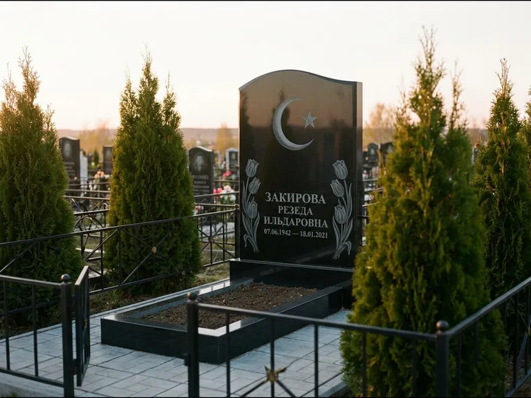 Памятник с гравировкой полумесяца — гравировка полумесяца со звездой и тюльпанами по бокам, работа «Закирова» в Ханты-Мансийске