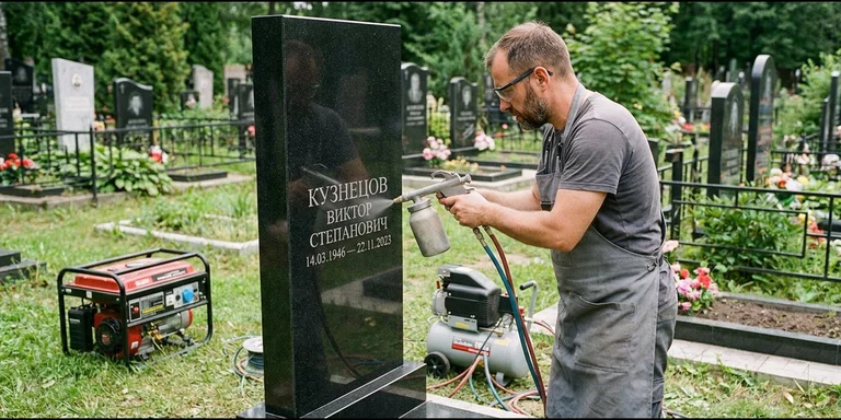 Гравировка на памятнике с выездом на кладбище в Ханты-Мансийске — мастер гравирует установленный памятник