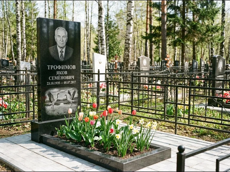 Памятник с гравировкой журавлей — гравировка пары журавлей над гладью озера в нижней части, работа «Трофимов» в Ханты-Мансийске