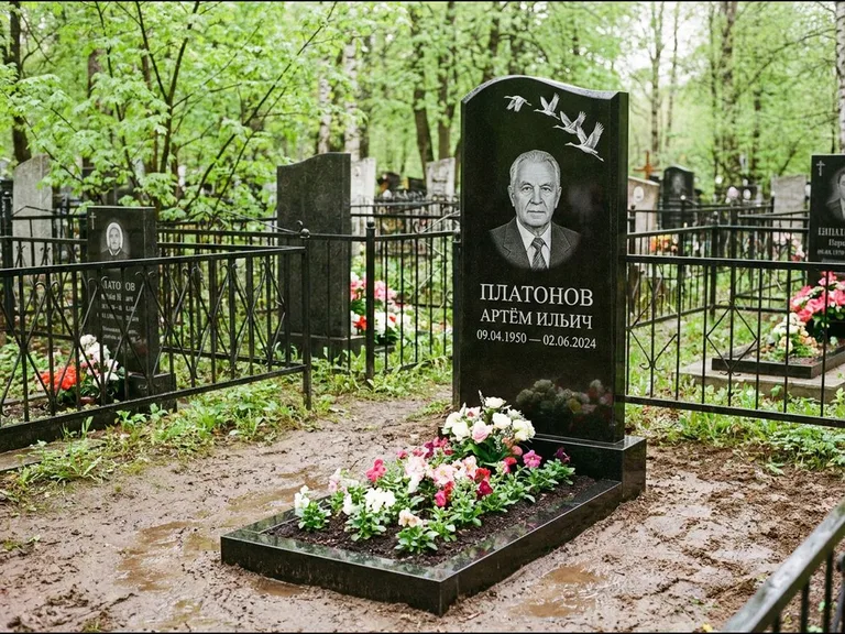 Памятник с гравировкой журавлей — белая гравировка клина журавлей, уходящего в верхний угол ст, работа «Платонов» в Ханты-Мансийске