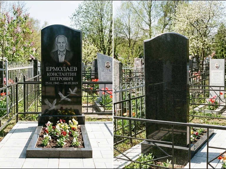 Памятник с гравировкой журавлей — гравировка трёх журавлей по диагонали через свободное поле с, работа «Ермолаев» в Ханты-Мансийске