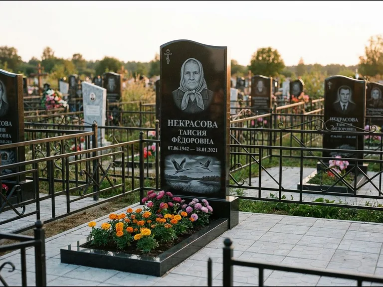 Памятник с гравировкой журавлей — гравировка пары журавлей над гладью озера в нижней части, работа «Некрасова» в Ханты-Мансийске