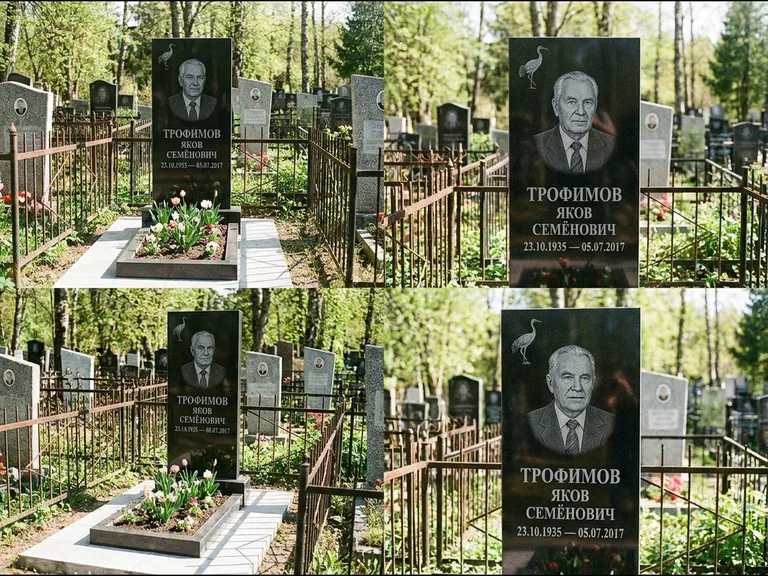 Памятник с гравировкой журавлей — гравировка одиночного летящего журавля над портретом, работа «Трофимов» в Ханты-Мансийске