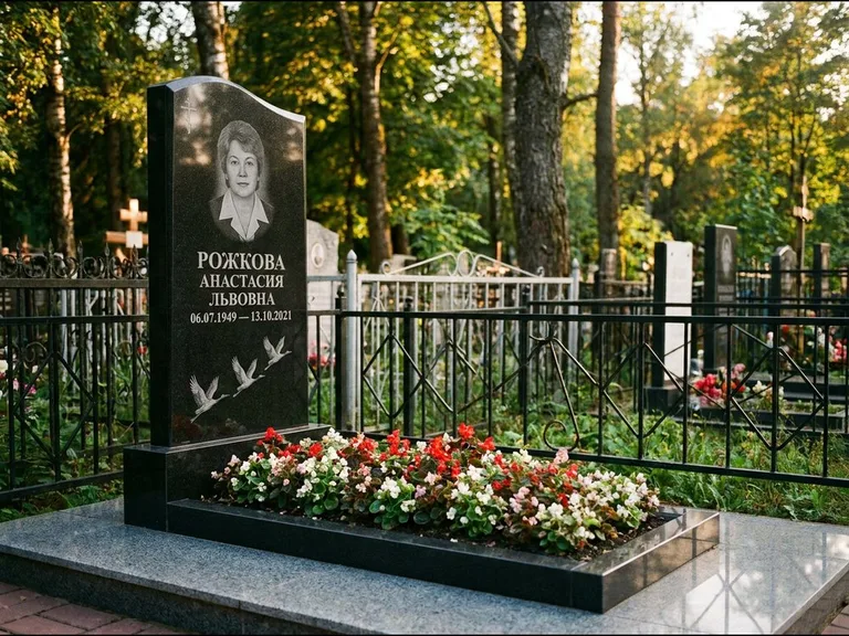 Памятник с гравировкой журавлей — гравировка трёх журавлей по диагонали через свободное поле с, работа «Рожкова» в Ханты-Мансийске