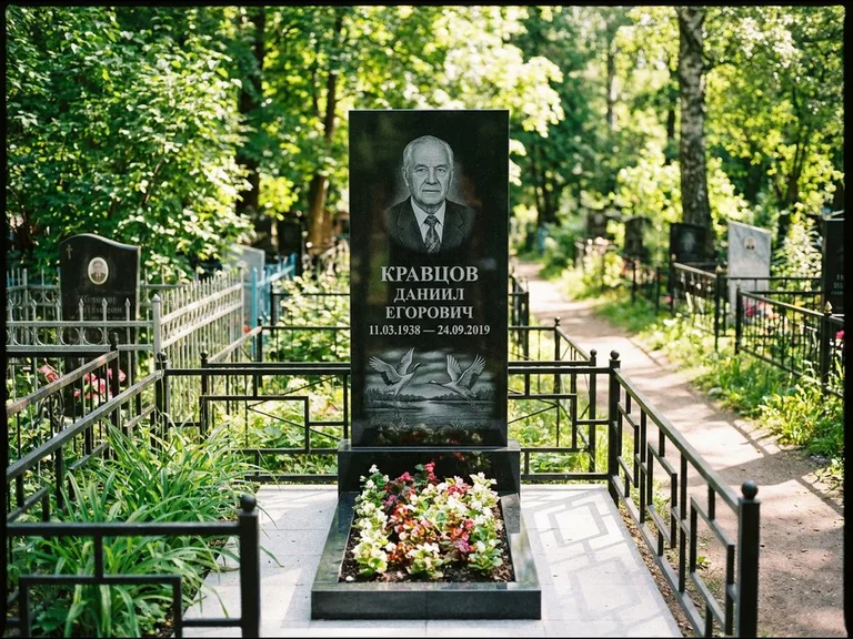 Памятник с гравировкой журавлей — гравировка пары журавлей над гладью озера в нижней части, работа «Кравцов» в Ханты-Мансийске
