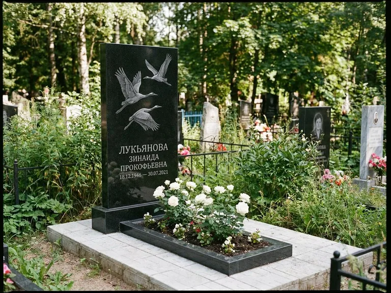 Памятник с гравировкой журавлей — гравировка журавлей, работа «Лукьянова» в Ханты-Мансийске