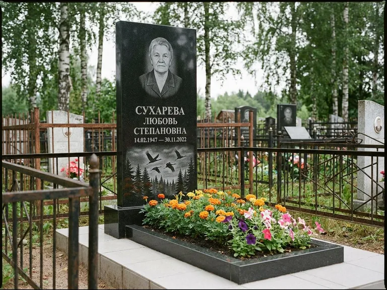 Памятник с гравировкой журавлей — гравировка силуэтов журавлей над еловым лесом, работа «Сухарева» в Ханты-Мансийске