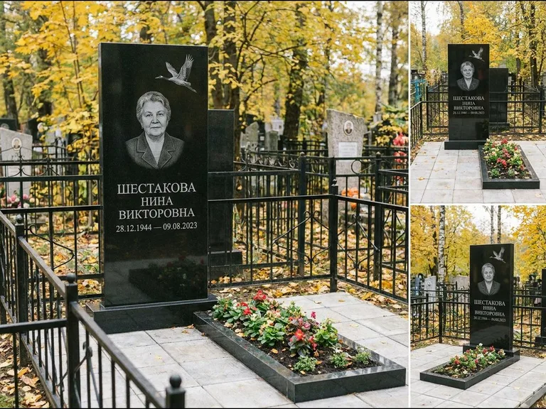 Памятник с гравировкой журавлей — гравировка одиночного летящего журавля над портретом, работа «Шестакова» в Ханты-Мансийске