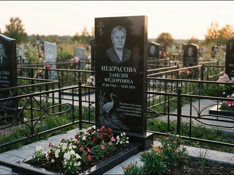 Памятник с гравировкой журавлей — гравировка журавля у камышей рядом с эпитафией, работа «Некрасова» в Ханты-Мансийске