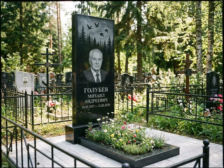 Памятник с гравировкой журавлей — гравировка силуэтов журавлей над еловым лесом, работа «Голубев» в Ханты-Мансийске