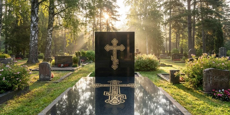 Гравировка креста на памятнике в Ханты-Мансийске — православный восьмиконечный крест на граните