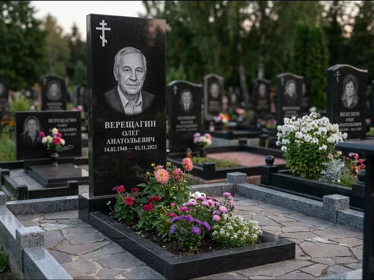 Памятник из чёрного гранита — горизонтальная плита-стела с православным восьмиконечным крестом, работа «Тихонов» в Ханты-Мансийске