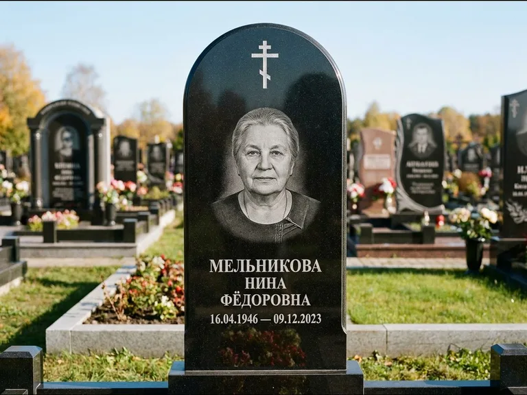 Памятник из чёрного гранита — стела с резным навершием с латинским крестом, работа «Савельева» в Ханты-Мансийске
