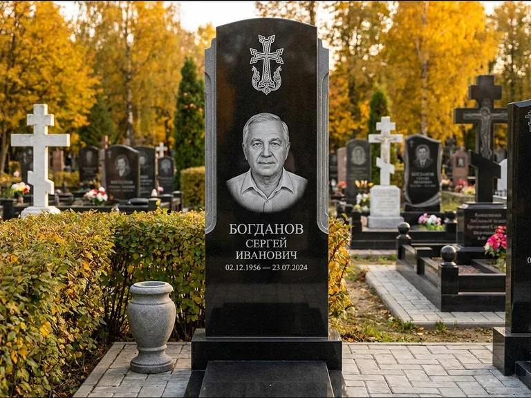 Памятник из чёрного гранита — круглая стела-медальон с армянским хачкаром, работа «Ковалёв» в Ханты-Мансийске