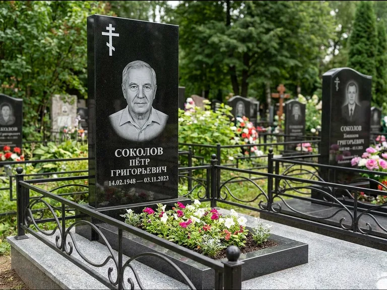 Памятник из чёрного гранита — стела с арочным верхом с православным восьмиконечным крестом, работа «Ковалёв» в Ханты-Мансийске