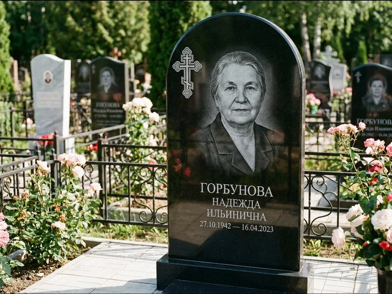 Памятник из чёрного гранита — стела с боковой колонной с крестом в лучах, работа «Мельникова» в Ханты-Мансийске
