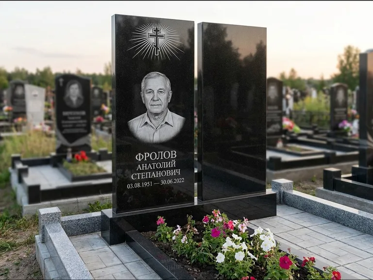 Памятник из чёрного гранита — стела на ступенчатом постаменте с золочёным крестом, работа «Богданов» в Ханты-Мансийске
