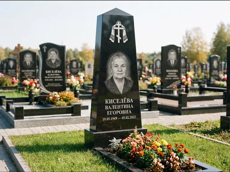 Памятник из чёрного гранита — стела со скошенным верхом с ажурным резным крестом, работа «Селезнёва» в Ханты-Мансийске