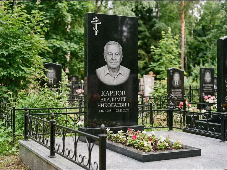 Памятник из чёрного гранита — узкая стела с ажурным крестом с православным восьмиконечным крестом, работа «Гущин» в Ханты-Мансийске