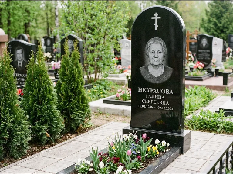 Памятник из чёрного гранита — стела с цветником-плитой с латинским крестом, работа «Лаврентьева» в Ханты-Мансийске