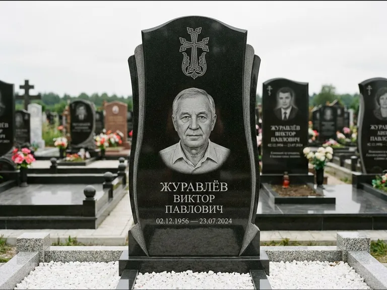 Памятник из чёрного гранита — панорамная стела с армянским хачкаром, работа «Тихонов» в Ханты-Мансийске