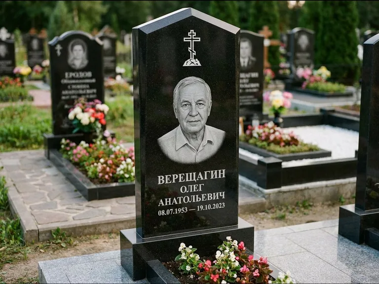 Памятник из чёрного гранита — обелиск-колонна с крестом на Голгофе, работа «Ковалёв» в Ханты-Мансийске