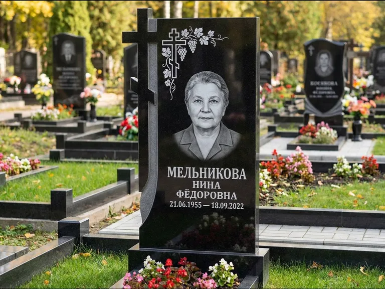 Памятник из чёрного гранита — стела с резной рамкой с крестом с распятием, работа «Некрасова» в Ханты-Мансийске