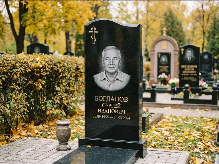 Памятник из чёрного гранита — стела с цветником с процветшим крестом с виноградной лозой, работа «Журавлёв» в Ханты-Мансийске