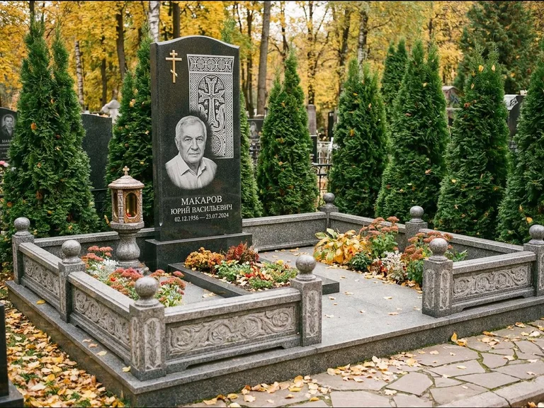 Памятник из чёрного гранита — стела с крестом и лампадой с армянским хачкаром, работа «Гущин» в Ханты-Мансийске