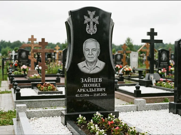 Памятник из чёрного гранита — семейная стела на двоих с армянским хачкаром, работа «Журавлёв» в Ханты-Мансийске