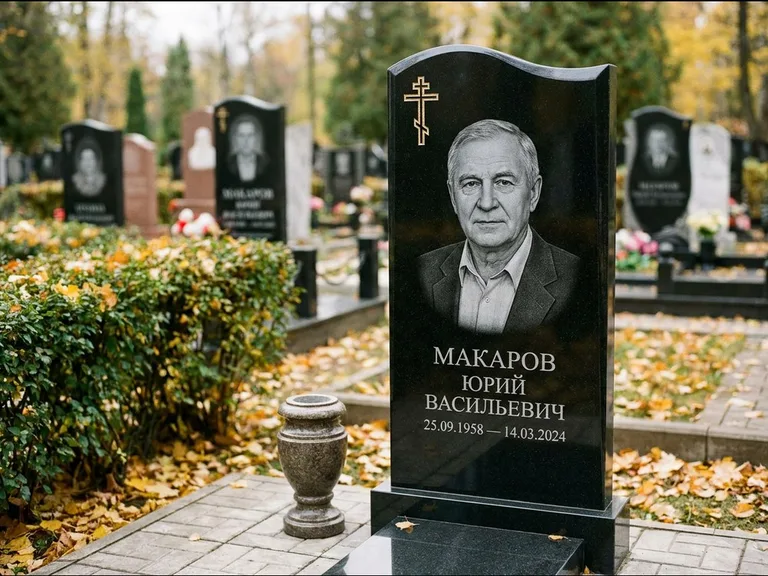 Памятник из чёрного гранита — фигурная стела с киот-нишей с процветшим крестом с виноградной лозой, работа «Богданов» в Ханты-Мансийске
