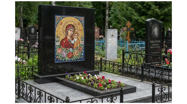 Мозаика на памятник в Ханты-Мансийске — цветное панно из смальты на чёрной гранитной стеле