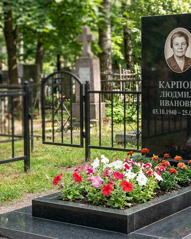Памятник под ключ с низкой оградой и цветником в Ханты-Мансийске
