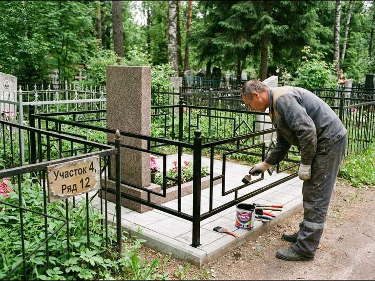 Покраска оградки на кладбище в Ханты-Мансийске — мастер красит металлическую ограду на могиле чёрной эмалью
