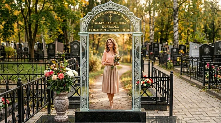 Портрет на стекле в форме арки на памятнике в Ханты-Мансийске