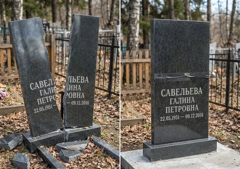 Склейка расколотого гранитного памятника: до и после в Ханты-Мансийске