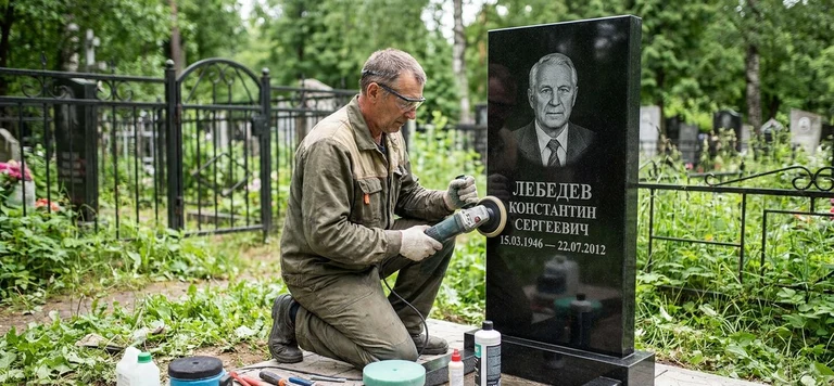 Реставрация памятника в Ханты-Мансийске — восстановление гранита, заделка трещин и обновление надписей на кладбище
