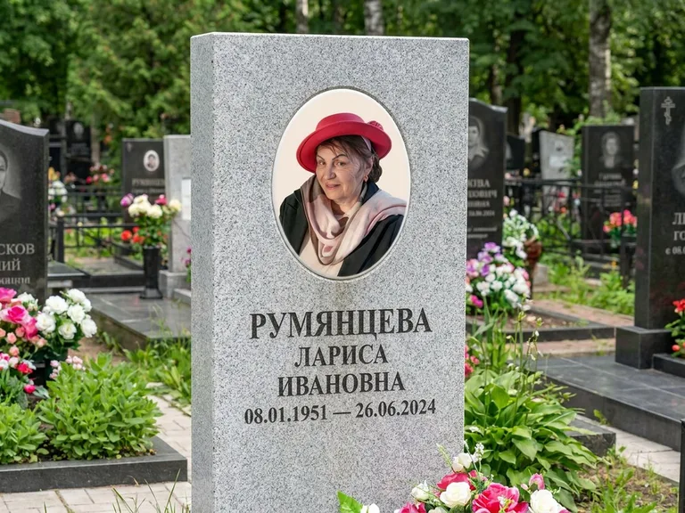 Портрет на памятнике в Ханты-Мансийске — Цветной портрет → овальная фотокерамика на светлом камне