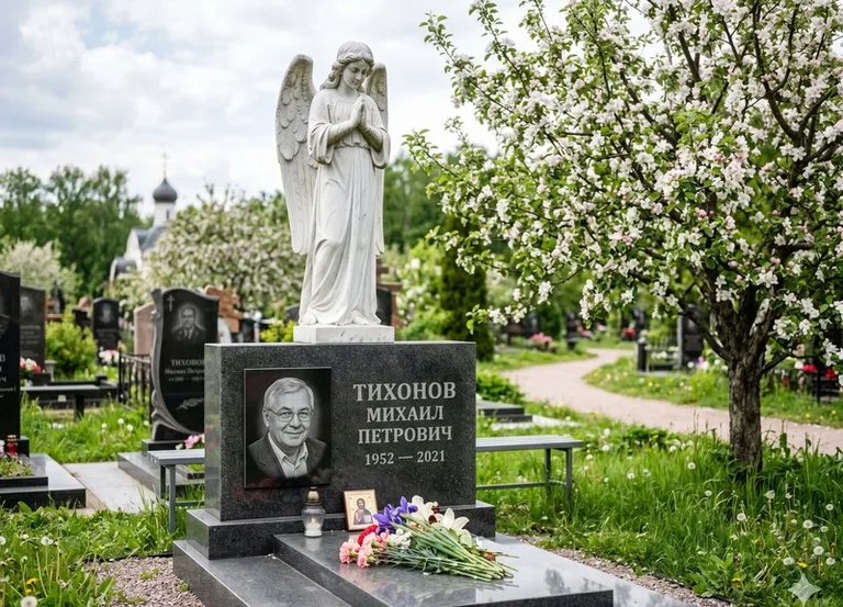 Мраморный молящийся ангел на гранитном памятнике весной в Ханты-Мансийске